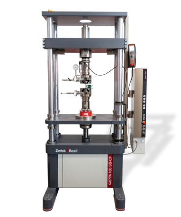 Máquina de ensayos de fluencia ZwickRoell para el ensayo de probetas metálicas huecas rellenas de hidrógeno comprimido